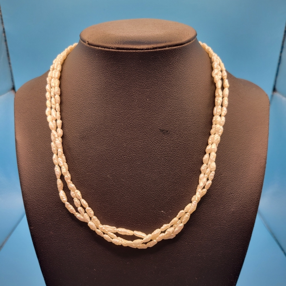 14K Yellow Gold White Real Pearl 3 Strand Layered Choker Necklace